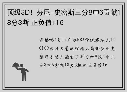 顶级3D！芬尼-史密斯三分8中6贡献18分3断 正负值+16